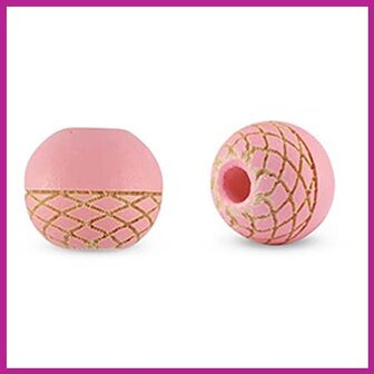 Houten kraal rond 10mm half patroon pink