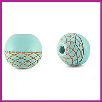 Houten kraal rond 10mm half patroon turquoise