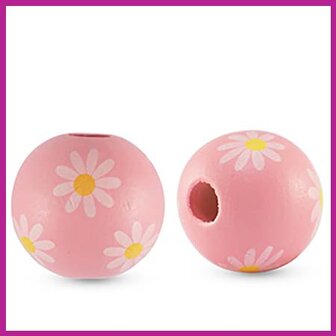 Houten kraal rond 16mm bloem light pink