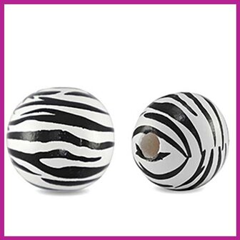 Houten kraal rond 16mm zebra zwart wit